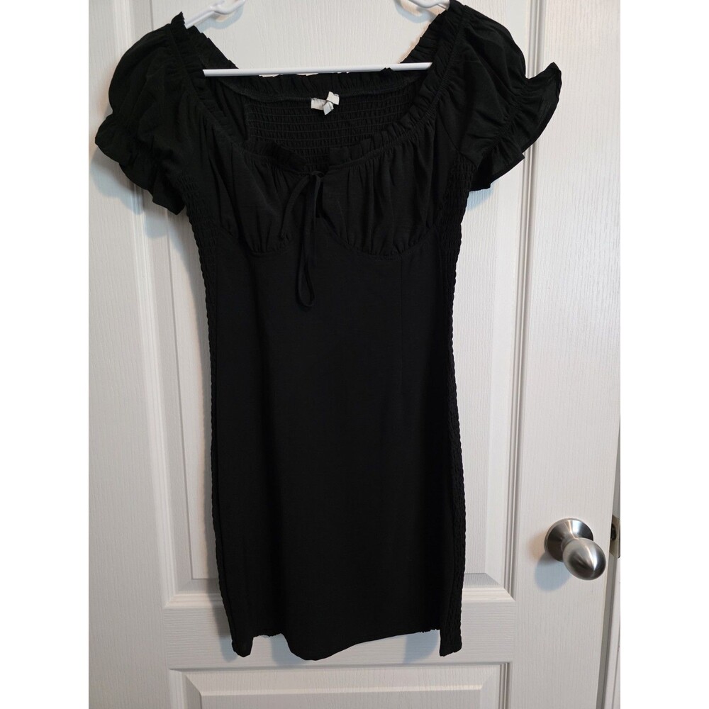 Black Knit Mini Dress Puff Short Sleeve Scoop Neck Ruffle Bow Accents 054